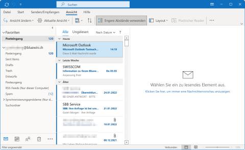 Bedienoberfläche mit E-Mails in Outlook