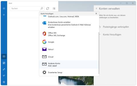 Windows Mail: Auswahl des Konto-Typs