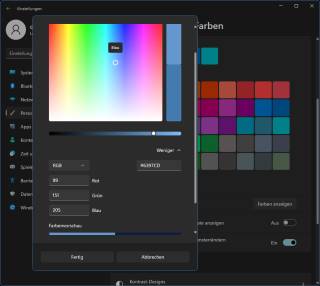 Screenshot Farbauswahl per Farbcode-Eingabe