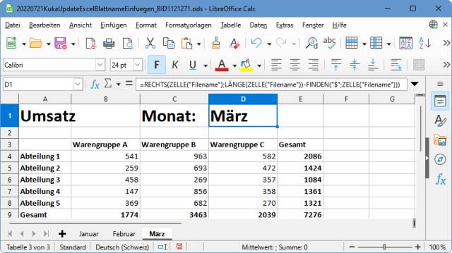 Arbeitsblatt in LibreOffice Calc mit dem Blattnamen in einer Zelle