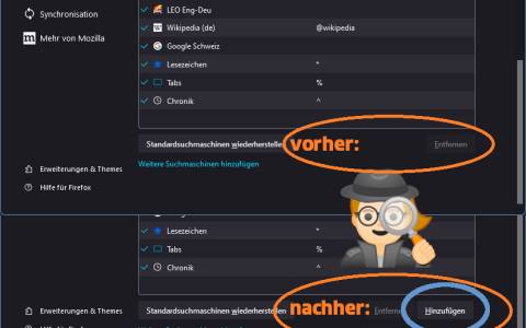 Suchmaschinen-Verwaltung im Firefox, vor und nach Umsetzung des Tipps