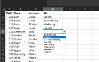 Mitarbeiter-Liste in Excel, mit Dropdown-Menü in der Spalte Abteilung