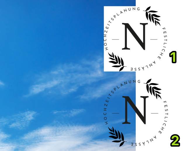 Über dem Bild eines Himmels mit Wolken sind zwei fiktive Logos zu sehen: einmal mit und einmal ohne transparente Stellen
