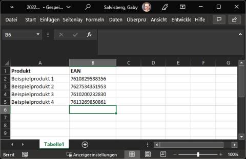 Die kleine Excel-Tabelle mit unseren vier Beispiel-EAN-Codes
