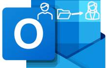 Outlook-Logo und Piktogramme eines Ordners, der von einem Nutzer zu einer Nutzerin wandert