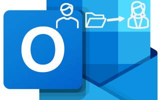 Outlook-Logo und Piktogramme eines Ordners, der von einem Nutzer zu einer Nutzerin wandert