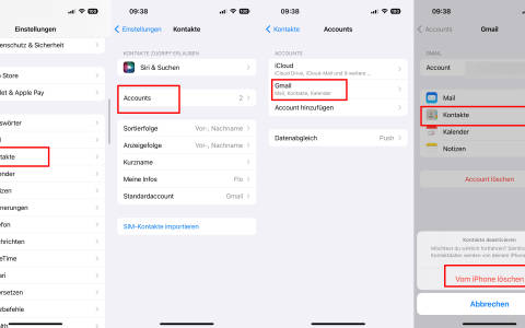 Vier iPhone-Screenshots nebeneinander zeigen den Weg zu den Kontakteinstellungen