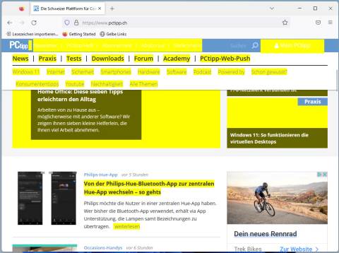 Beispiel PCtipp-Seite: die Links sind gelb hinterlegt
