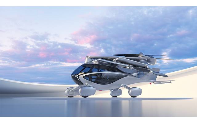 Futuristisches vierrädriges Fahrzeug mit Flügeln
