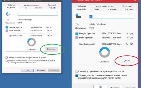 Vergleich der Laufwerks-Eigenschaften: In Windows 10 mit Bereinigen-Button, in Windows 11 heisst er Details