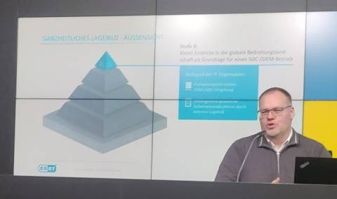 Hinter Michael Schröder zeigt die Präsentation die Zero-Trust-Pyramide