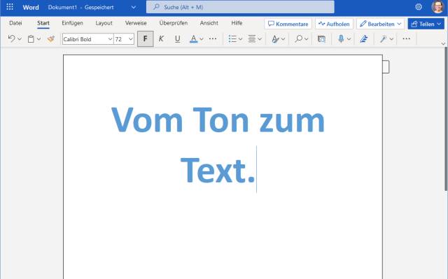 Screenshot zeigt Word im Browser, darin steht "Vom Ton zum Text"