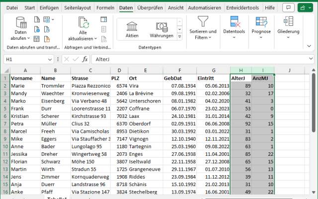 Screenshot einer Excel-Mitgliederliste mit Spalten "Alter" und "Mitgliedschaftsdauer"