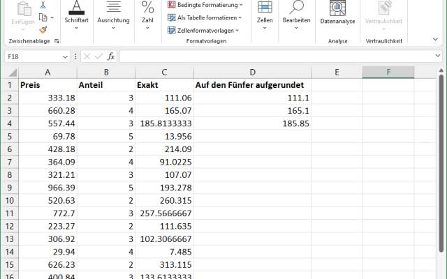Excel-Tabelle mit aufgerundeten Beträgen