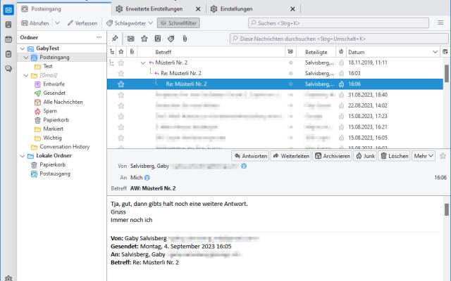 Thunderbird-Screenshot zeigt gruppierten Beispiel-Mailwechsel