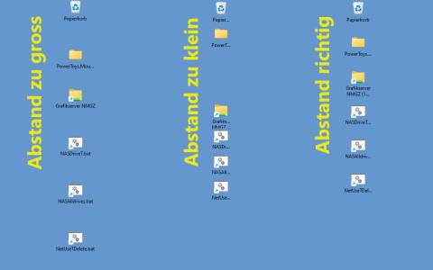 Desktop-Icons: links mit zu grossem Abstand, in der MItte mit zu kleinem Abstand und rechts mit korrektem Abstand