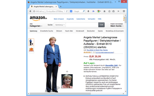Angela Merkel Lebensgroße Pappfiguren - Kauf Dir einen Politiker! Amazon macht's möglich und den Kunden gefällt's: „Seit dieser Aufsteller bei mir vor'm Haus steht, fressen mir die Vögel keine Kirschen mehr vom Baum.“