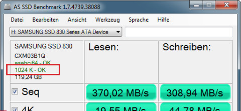 Alignment prüfen: AS SSD Benchmark signalisiert links oben mit einem grünen „OK“ ein korrektes Alignment der SSD.