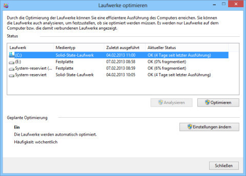 SSD-Optimierung: Unter Windows 8 sollte die SSD in der Spalte „Medientyp“ als „Solid-State-Laufwerk“ ausgewiesen sein.