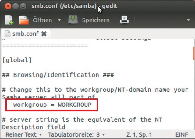 Arbeitsgruppe unter Linux: In der Datei „smb.conf“ steht, zu welcher Arbeitsgruppe das Linux-System gehört – bei Ubuntu 12.04 LTS ist das standardmäßig „WORKGROUP“.