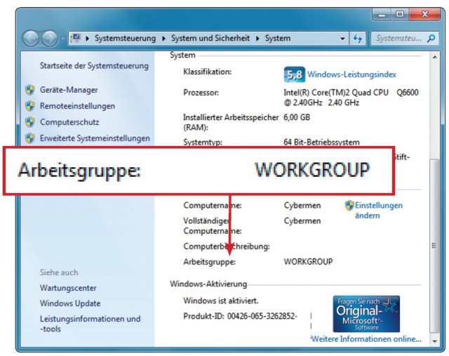 Arbeitsgruppe: Jeder PC, auf dem Sie Windows installieren, ist automatisch Mitglied der Arbeitsgruppe „WORKGROUP“.
