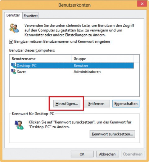 Benutzer für die Freigabe erstellen: Rufen Sie die Benutzerverwaltung mit [Windows R] und netplwiz auf und klicken Sie auf „Hinzufügen…“