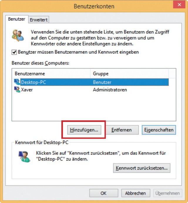 Benutzer für die Freigabe erstellen: Rufen Sie die Benutzerverwaltung mit [Windows R] und netplwiz auf und klicken Sie auf „Hinzufügen…“