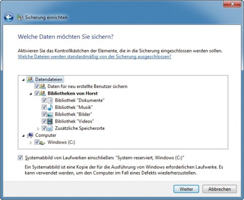 Windows-Sicherung: Das in Windows integrierte Backup-Tool sichert beliebige Laufwerke und Dateien. Auf Wunsch legt es auch ein komplettes Systemabbild an (Bild 14).