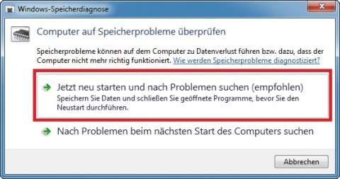 Windows-Speicherdiagnose: Der Test des Arbeitsspeichers funktioniert nicht im laufenden Windows-Betrieb. Klicken Sie daher hier auf „Jetzt neu starten ()“ (Bild 10).