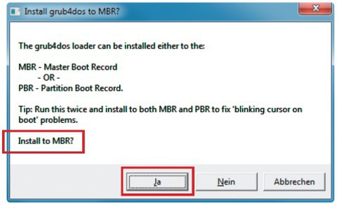 Grub4Dos im MBR installieren: Wenn Sie auf „Installiere GRUB4DOS“ geklickt haben, erscheint diese Meldung. Beantworten Sie die Frage mit „Ja“.
