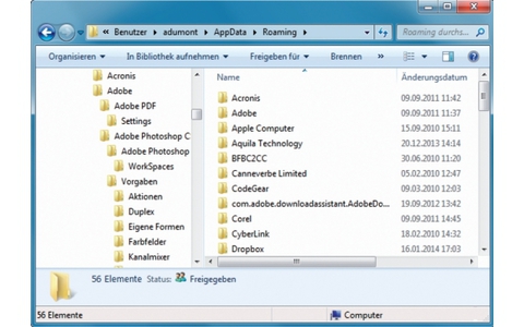 AppData - Das Benutzerverzeichnis „AppData“ ist der zentrale Ordner, in dem installierte Programme zahlreiche Einstellungen und Daten speichern. Dazu gehören Vorlagen, Einstellungen für Office-Programme, Daten von Outlook oder dem Internet Explorer, Signa