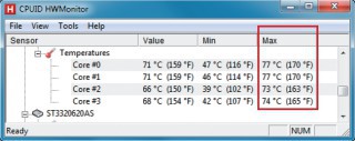 HW Monitor: Das Programm überwacht die Temperatur der Prozessorkerne. Sie sollte die Marke von 80 Grad nicht übersteigen.