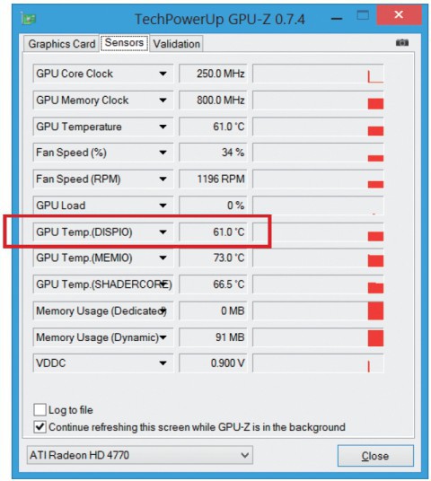Temperaturüberwachung: Das Tool GPU-Z zeigt an, ob sich die Grafikkarte überhitzt. Wichtig ist der Wert bei „GPU Temp.(DISPIO)“.