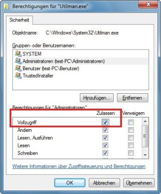 Dateirechte ändern: Nur wenn Sie Vollzugriff auf die Datei „utilman.exe“ haben, lässt sich die Hintertür in Windows einbauen (Bild 1).