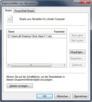 Stick-Alarm konfigurieren: Das Skript warnt, wenn Sie sich abmelden oder den PC herunterfahren (Bild 7).