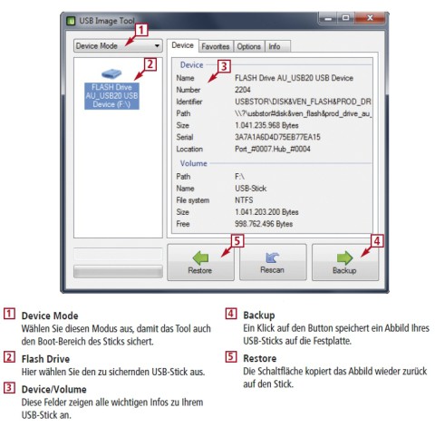 So geht’s: Das USB Image Tool 1.55 (kostenlos, www.alexpage.de) kopiert ein vollständiges Abbild Ihres USB-Sticks auf die Festplatte (Bild 9).