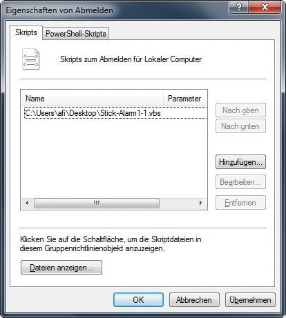 Stick-Alarm konfigurieren: Das Skript warnt, wenn Sie sich abmelden oder den PC herunterfahren (Bild 7).