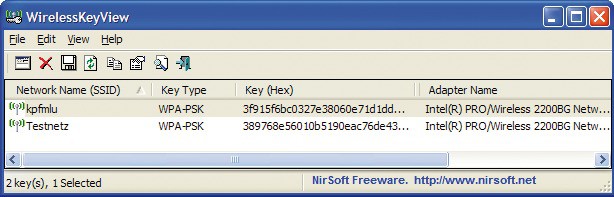 Wireless Keyview: Das Tool liest die in Windows gespeicherten WLAN-Schlüssel aus und zeigt sie in einer Liste an.