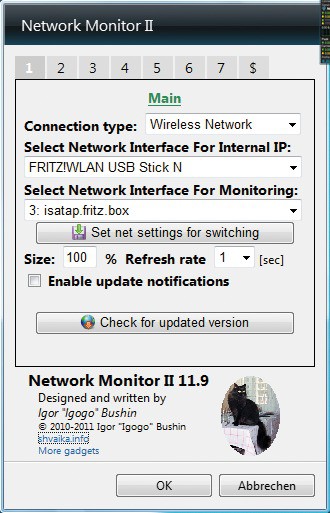 Widget-Konfiguration: Wählen Sie bei „Connection type“ den Eintrag „Wireless Network“ aus, um Network Monitor II auf WLAN umzustellen.