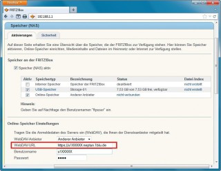 WebDAV als NAS: Die Fritzbox verfügt über eine Funktion, die WebDAV-Server als lokale NAS-Speicher einbindet. Geben Sie dazu unter „WebDAV-URL“ die Adresse des WebDAV-Servers ein.