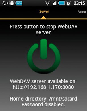 Android-App WebDAV Server: Berühren Sie den Startknopf — schon läuft Ihr eigener WebDAV-Server.