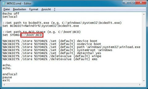 Skript anpassen: Geben Sie hinter „Set STORE=“ den Pfad zur „BCD“-Datei an — hier C:\boot\BCD. Sie enthält Startinformationen für Ihr RAM-Windows.