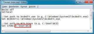 Installationsskript für Grub4Dos konfigurieren: Tippen Sie hinter „Set STORE=“ den Pfad zur Konfigurationsdatei des Boot-Managers von Windows ein — hier H:\boot\BCD.