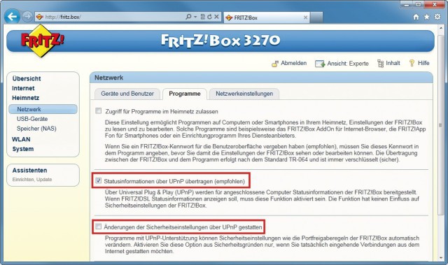 AVM Fritzbox 3270: Ein Häkchen reicht, um die Funktion UPnP zu aktivieren. Dann erscheint die Fritzbox als Gerät in der Netzwerkumgebung.