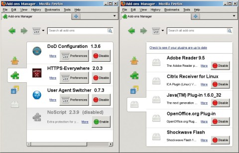 Lightweight Portable Security: Das Live-System kommt mit Firefox ESR. Der Browser ist bereits mit wichtigen Add-ons (links) und Plug-ins (rechts) ausgerüstet.