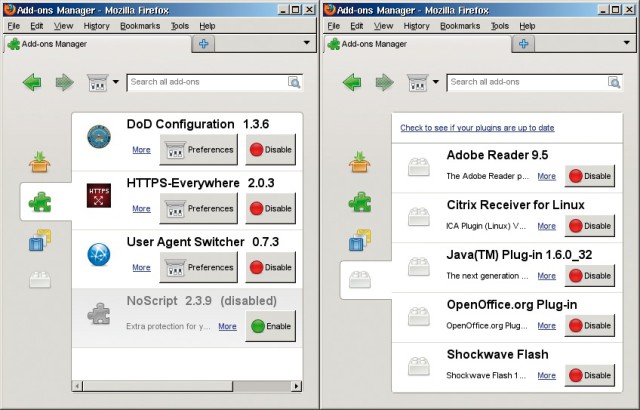 Lightweight Portable Security: Das Live-System kommt mit Firefox ESR. Der Browser ist bereits mit wichtigen Add-ons (links) und Plug-ins (rechts) ausgerüstet.
