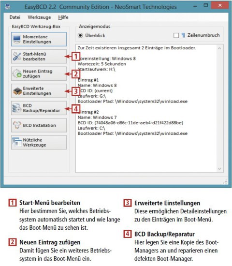 So geht’s: Das Tool Easy BCD konfiguriert den Boot-Manager von Windows in einer grafischen Bedienoberfläche bequem per Mausklick (kostenlos, http://neosmart.net/EasyBCD). Easy BCD funktioniert in der Version 2.2 auch unter Windows 8 (Bild 7).