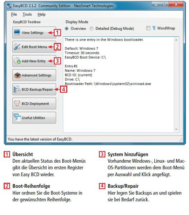 So geht’s: Easy BCD (kostenlos, http://neosmart.net) bearbeitet das Boot-Menü und die Einstellungen von Windows und stellt sie nach einem Crash einfach wieder her.