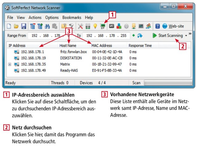 So geht’s: Das Tool Softperfect Network Scanner findet Netzwerkgeräte, indem es einen ganzen IP-Adressbereich absucht.