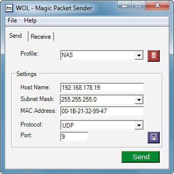 Wake on LAN: Tippen Sie die IP-Adresse, das Sub-Netz und die MAC-Adresse des NAS ein, damit das Tool Ihren NAS-Server über das Netzwerk einschalten kann.